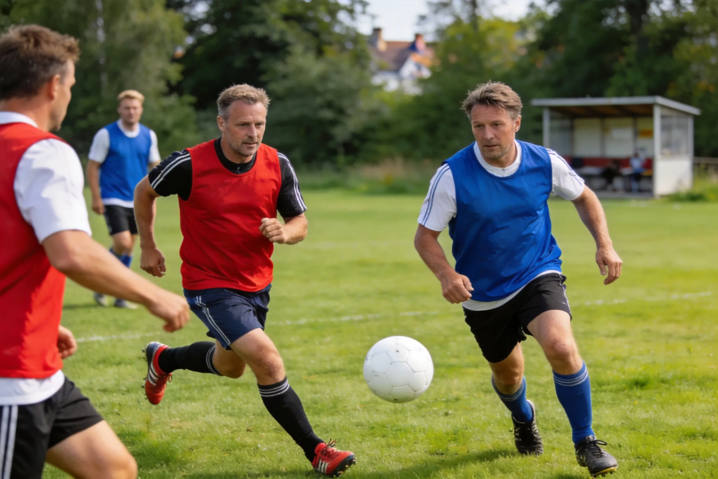 Firmahold spiller fodbold på græs