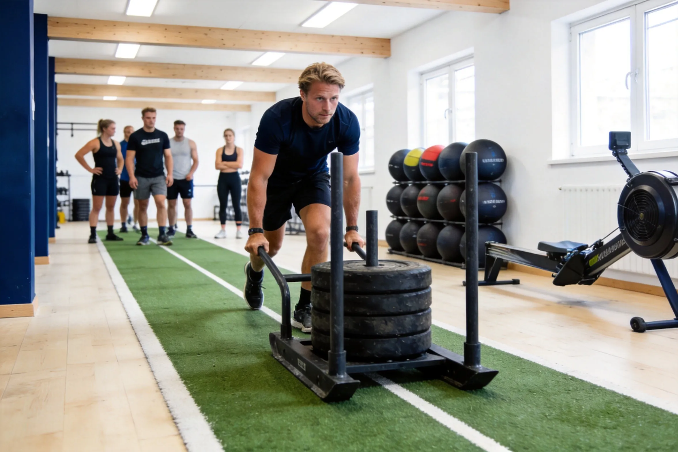 Sled push på kunstgræsbanen til HYROX-træning hos Fitness Aalborg